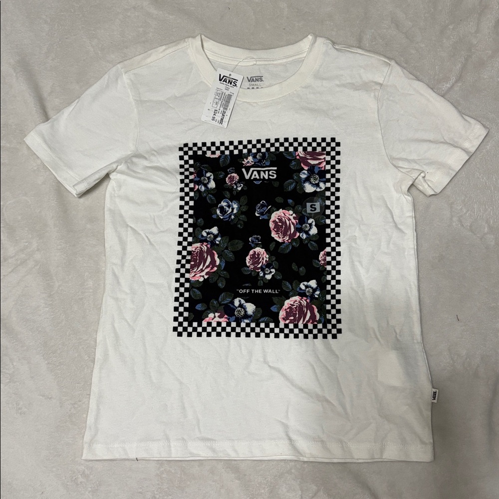 Vans Cream T-Shirt with Floral and Checkered Design - Picture 1 of 3
